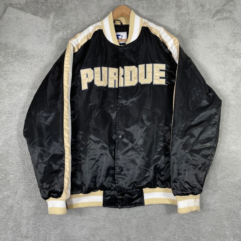 Purdue Starter Varsity Jacket Mens Large Black Gold Satin Bomber Snap Front FLAW